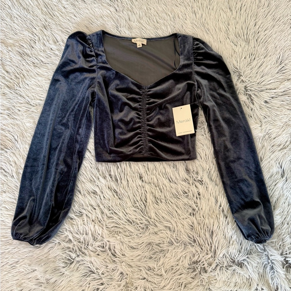 Meraki Blue Grey Velvet Ruched Puffed Sleeve Crop Top